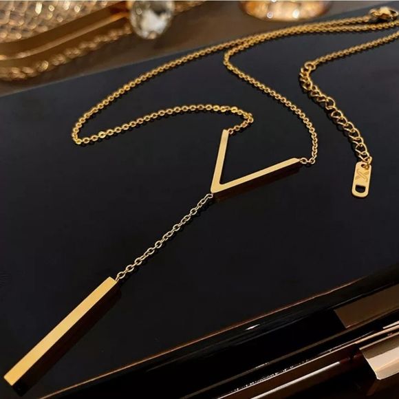 2/$25 Gold Drop Bar Pendant Long Statement Necklace - Picture 3 of 4